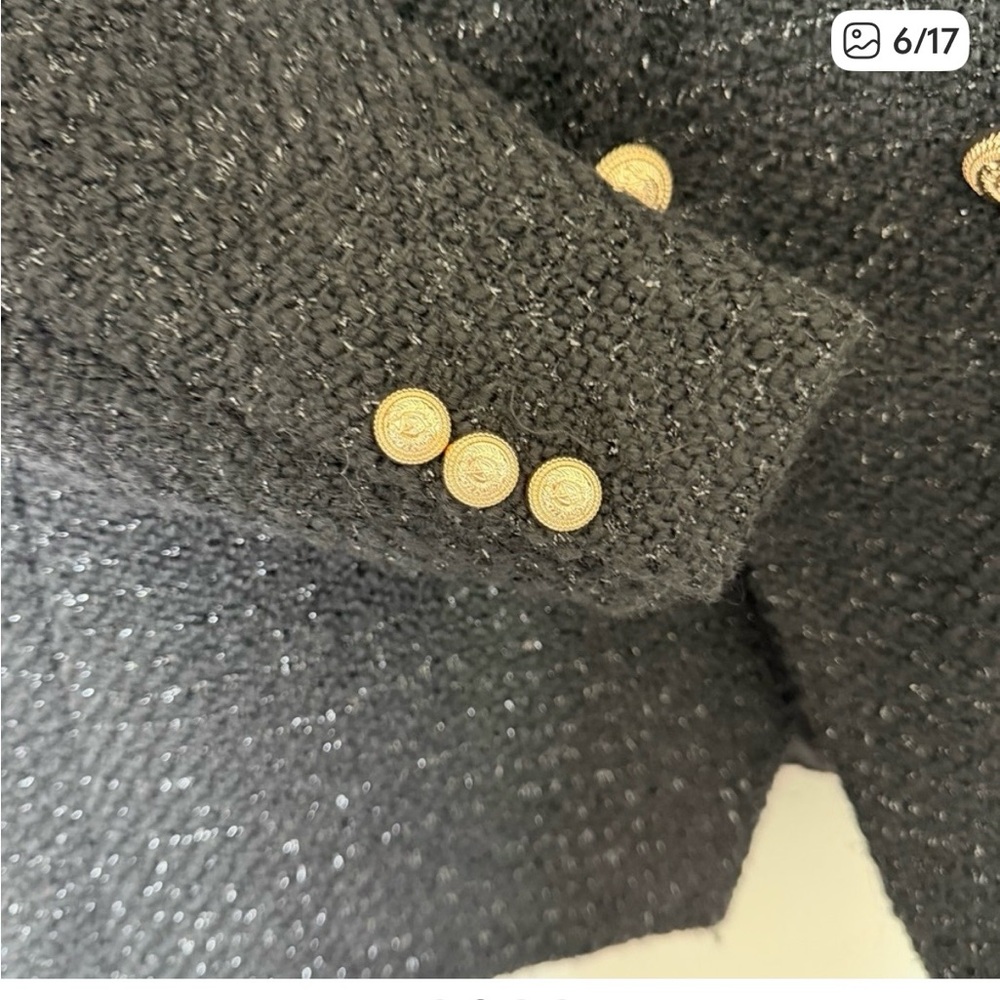 Zara Black Textured Tweed fabric Long Blazer with Gold Buttons size S - Picture 6 of 6